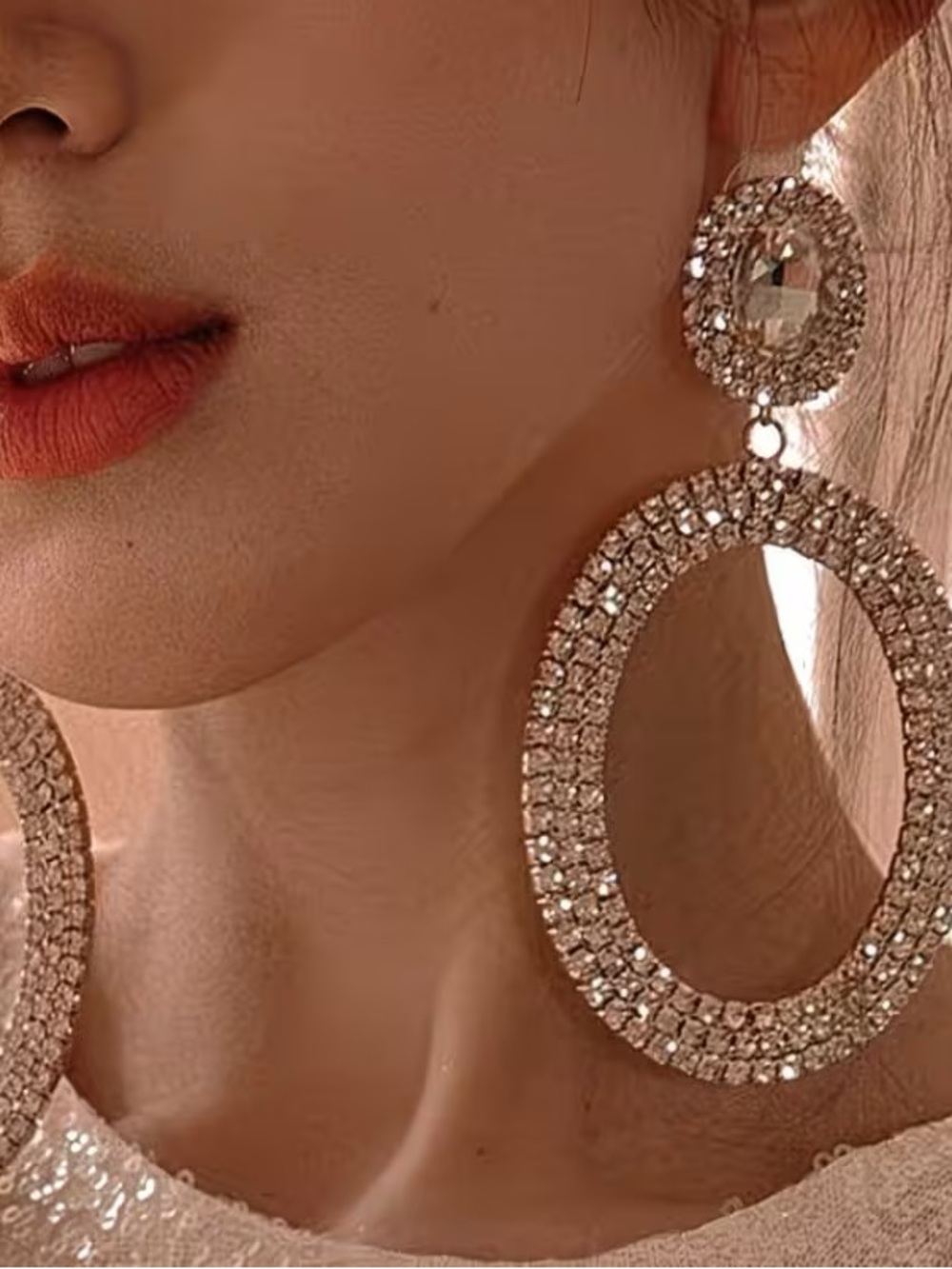Elegant Crystal Oval Drop Earrings - Gold Tone